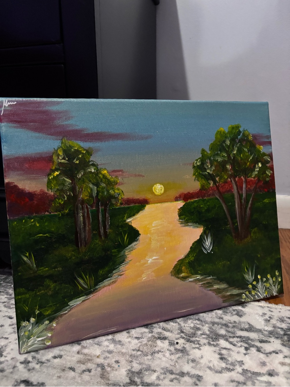 Hand-Painted Sunset River Canvas Art - Green and Blue Landscape
